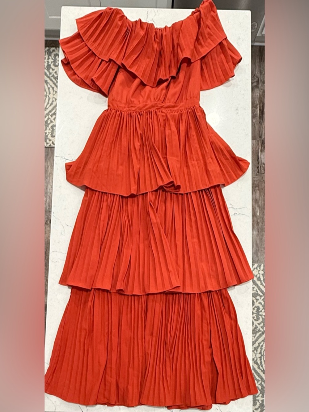 Beulah Style Off Shoulder Layered Pleated Dress Orange Size S NWT - Picture 6 of 9